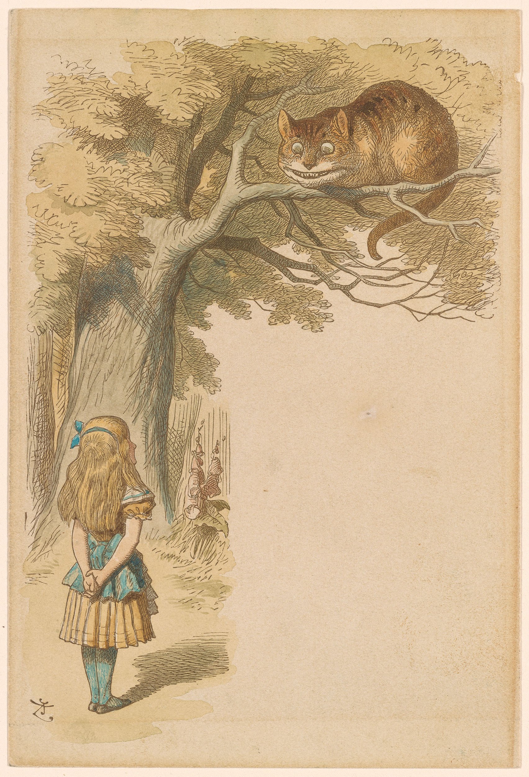 A large striped cat with big eyes and a wide mouth staring down at Alice from atop a tree.