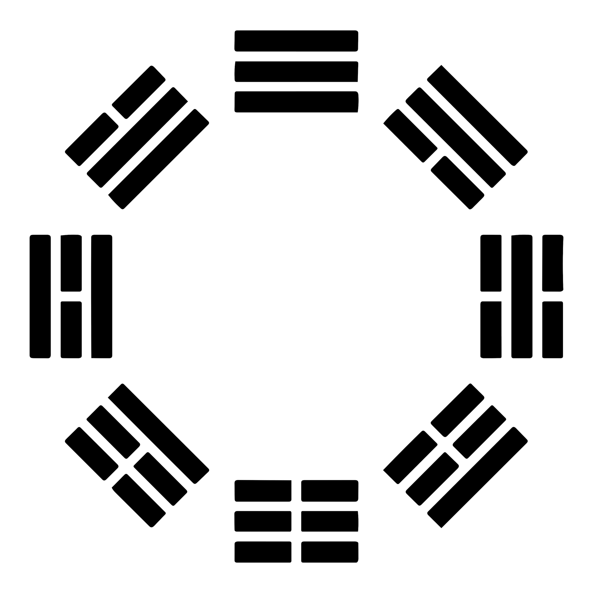A circle composed of eights figures built from three stacked horizontal lines, where each line is either Yang (an unbroken, or solid line), or Yin (broken, an open line with a gap in the center).
