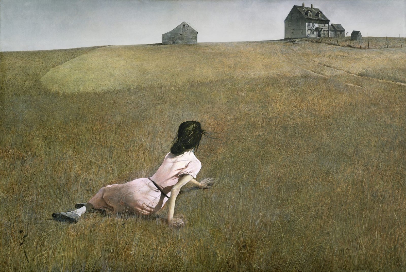 A painting showcasing a young woman in a pink dress lying in an open, grassy field, with her body slightly lifted on her arms in a state of alert. She's gazing at a distant, grayed farmhouse amongst a cluster of weathered outbuildings under an overcast sky.