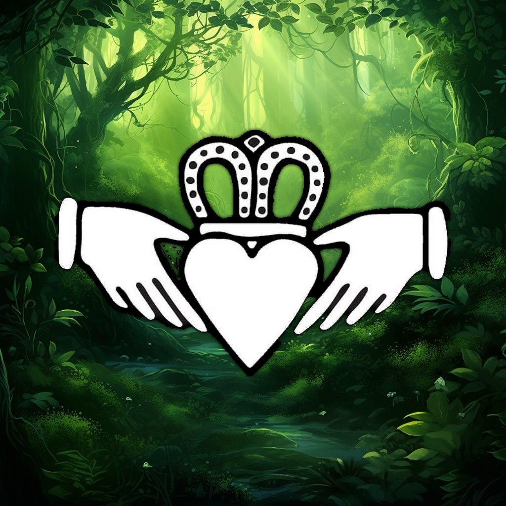 A logo of a Claddagh ring, a traditional Irish symbol of love, friendship and loyalty, on a green forest background. The logo shows two hands holding a heart with a crown on top.