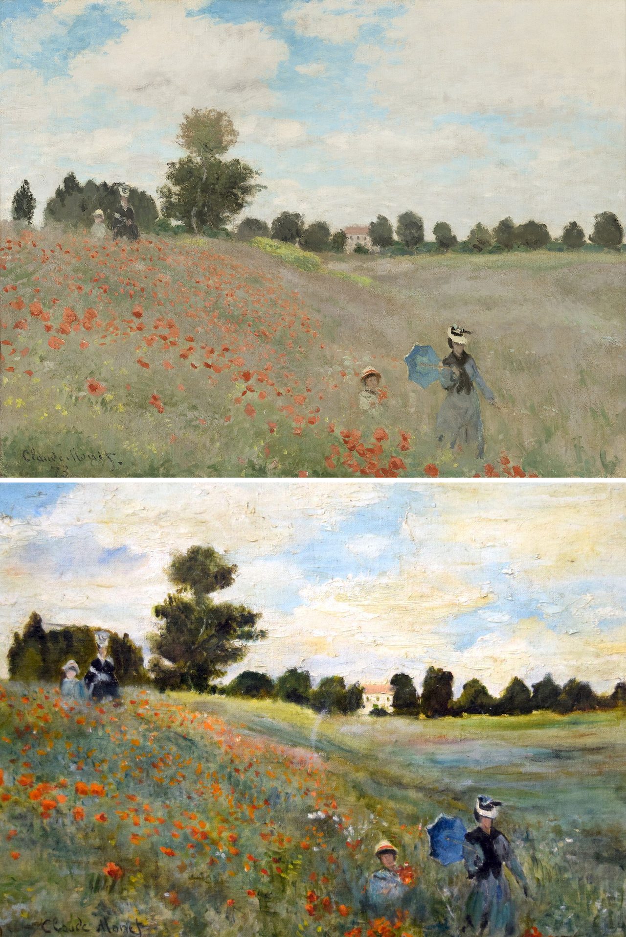 A collage of two paintings, both paintings show two pairs consisting of a mother and a child walking in a field of poppies. Trees and a house can be seen in the background.