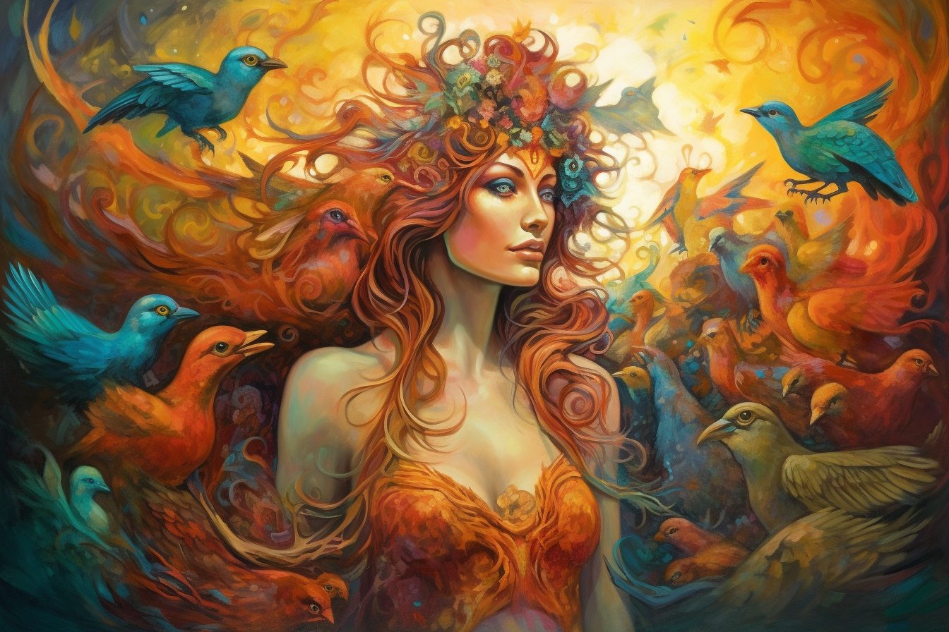 Cliodhna the Celtic goddess of beauty, depicted with long red hair, surrounded by birds