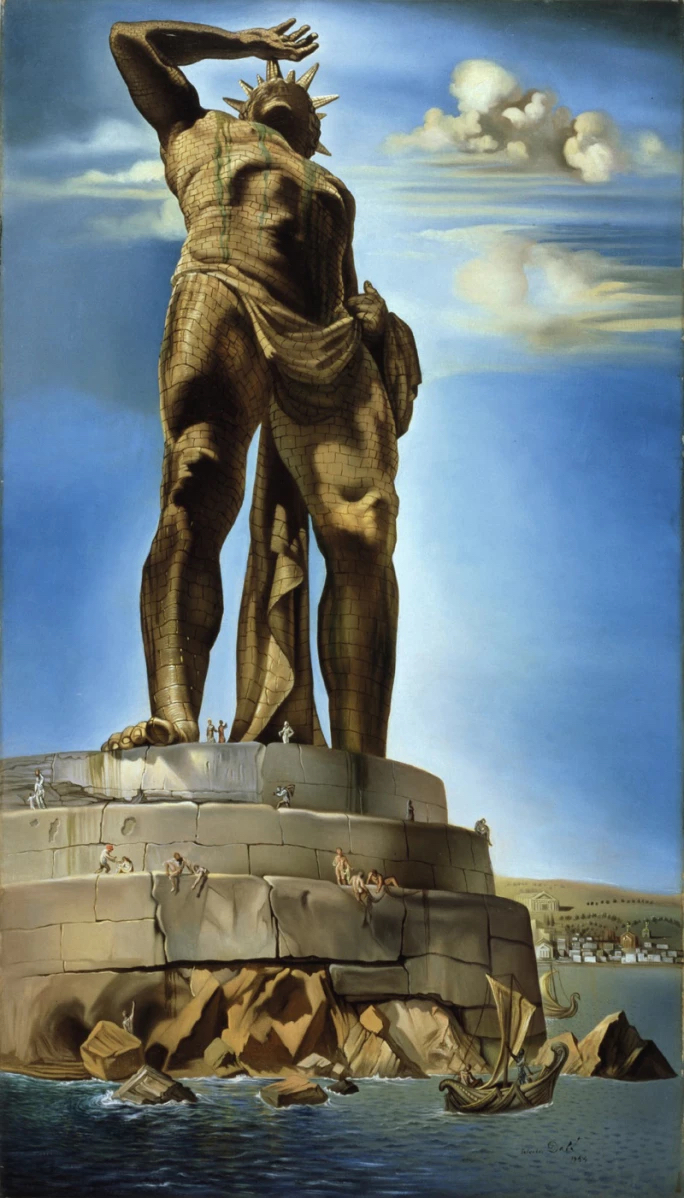 A painting of an ancient wonder of the world, the Colossus of Rhodes, by the surrealist artist Salvador Dali. The image shows a statue of the Greek god Helios, the sun god, standing on a stone pedestal with his right arm raised to his face. The statue is made of metal and has a crown of sun rays on his head. The background is a blue sky with clouds and a body of water.