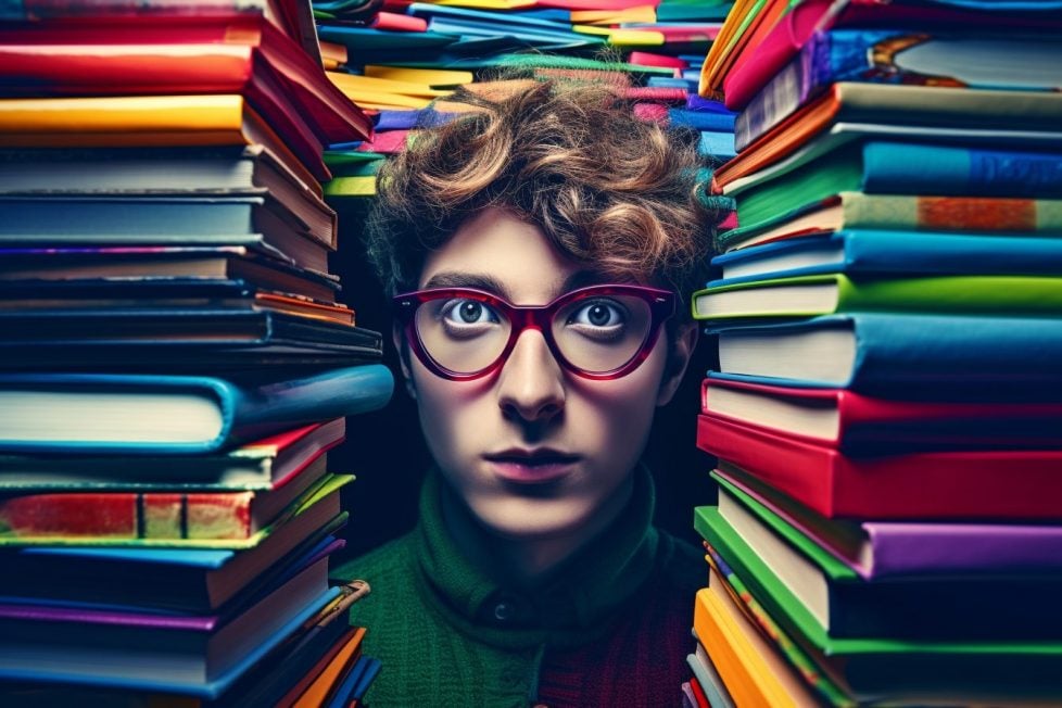 An illustration of a student in between piles of books.