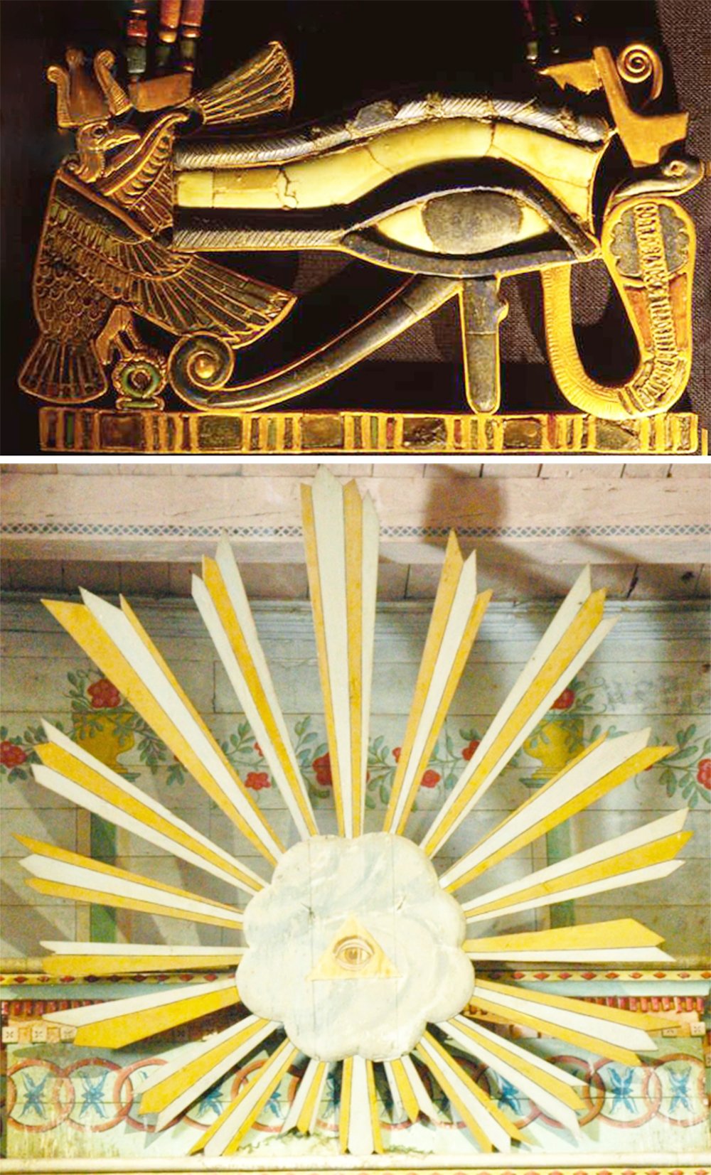 The collage is a combination of two images that show different artifacts. The image on the top is a photo of a statue is called the Ba of Tutankhamun, and it represents the soul of the pharaoh. It features a prominent Eye of Horus. The image on the bottom features a religious symbol of an eye inside a cloud with light beams coming out of it.