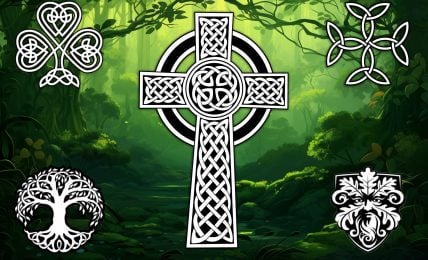 A black and white Celtic cross with intricate knotwork designs stands in the center of a green forest background. The cross is surrounded by four other Celtic symbols: a Tree of Life, The Shamrock, the Carolingian Cross and The Green Man.