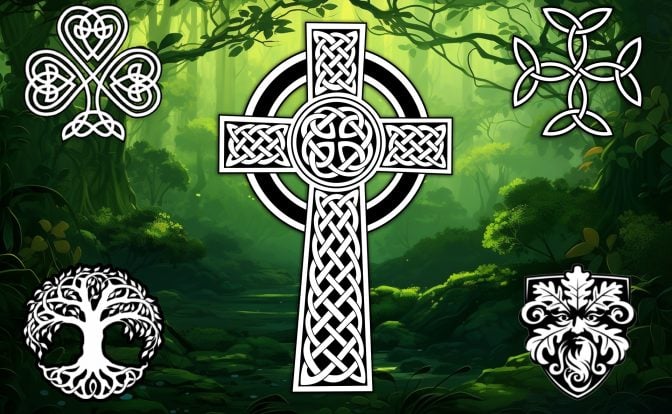 A black and white Celtic cross with intricate knotwork designs stands in the center of a green forest background. The cross is surrounded by four other Celtic symbols: a Tree of Life, The Shamrock, the Carolingian Cross and The Green Man.