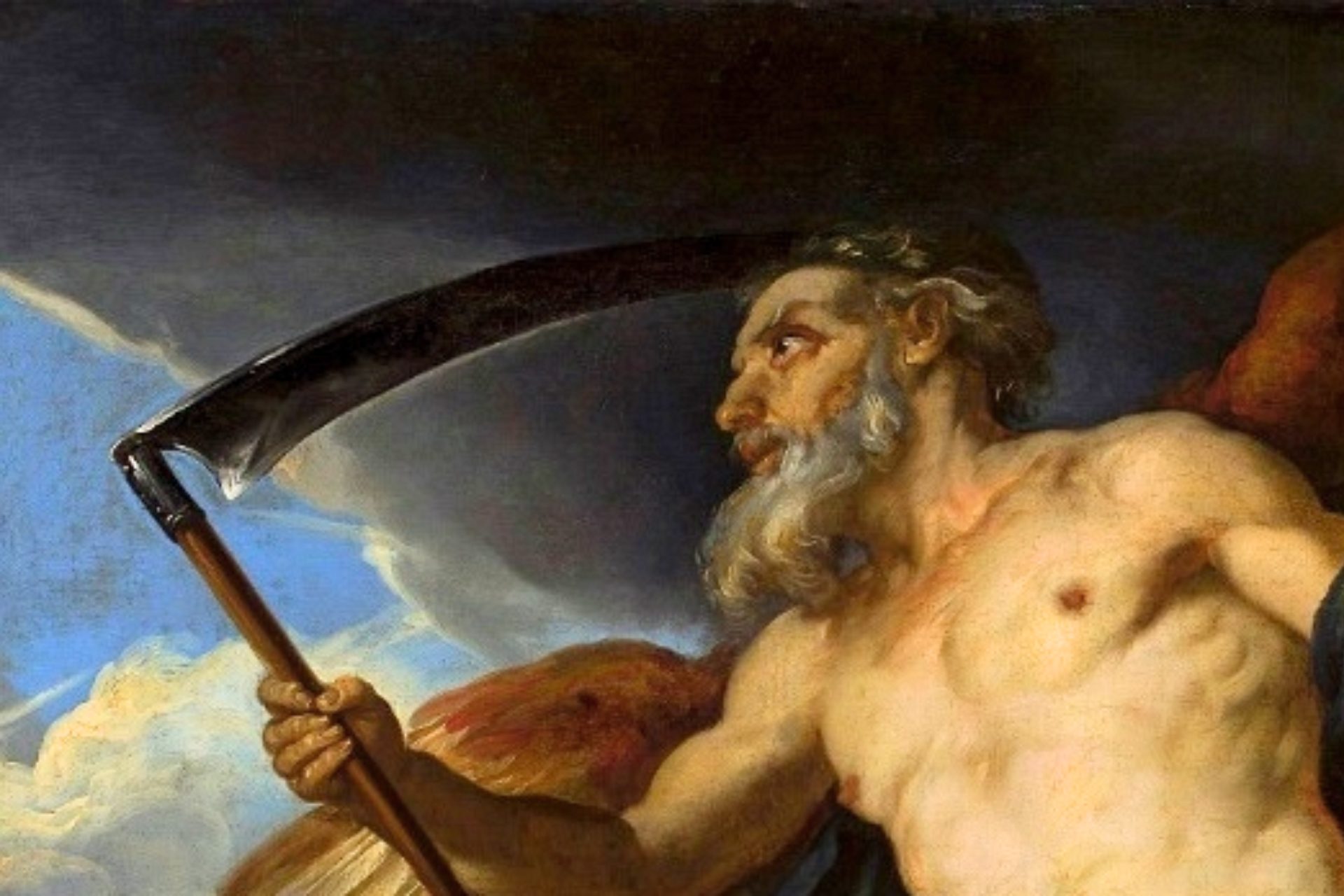 A painting of the Greek god Cronos holding a sickle.