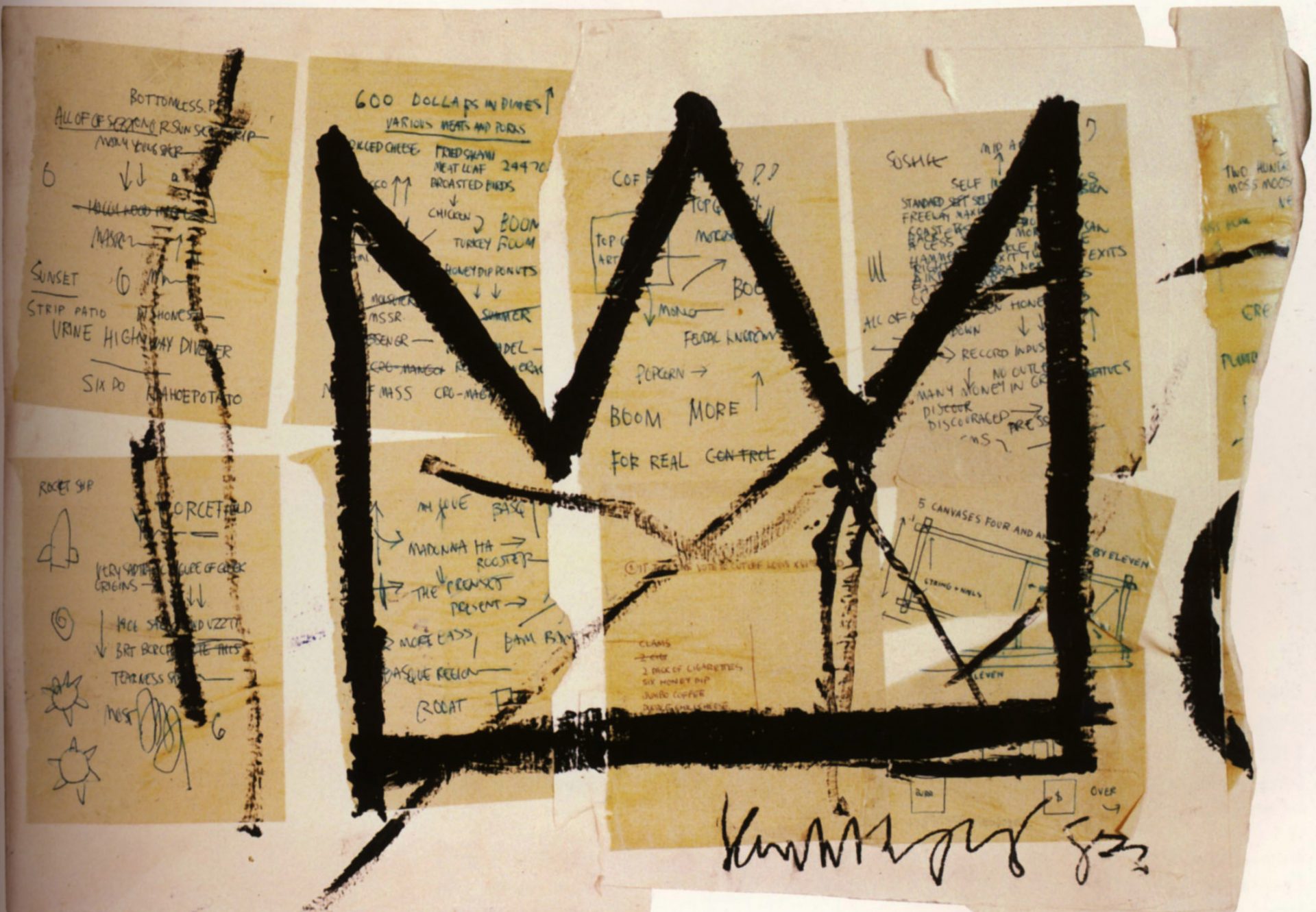 An abstract composition predominantly featuring the artist's signature icon—the three-pointed crown. The crown is sketched in bold black, set against a backdrop of seemingly random strokes, letters and symbols in contrasting hues, contributing further to the abstract and intense imagery that sets the tone of this artwork.