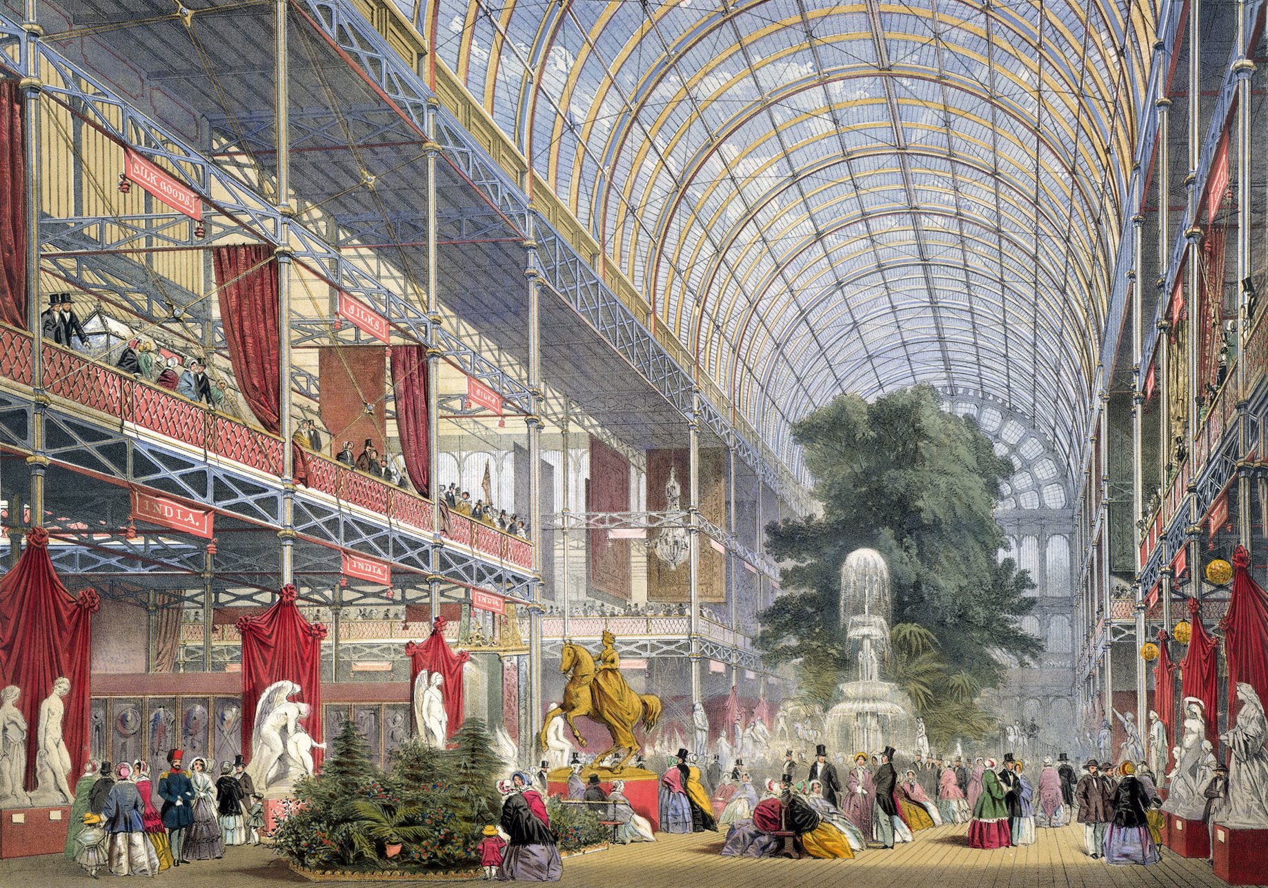 This is an illustration of the interior of the Crystal Palace during the Great Exhibition of 1851. The hall is filled with people and exhibits, including statues, fountains, and a large golden horse. The background shows the sky visible through the glass roof. The illustration is in a realistic style with detailed shading and coloring.
