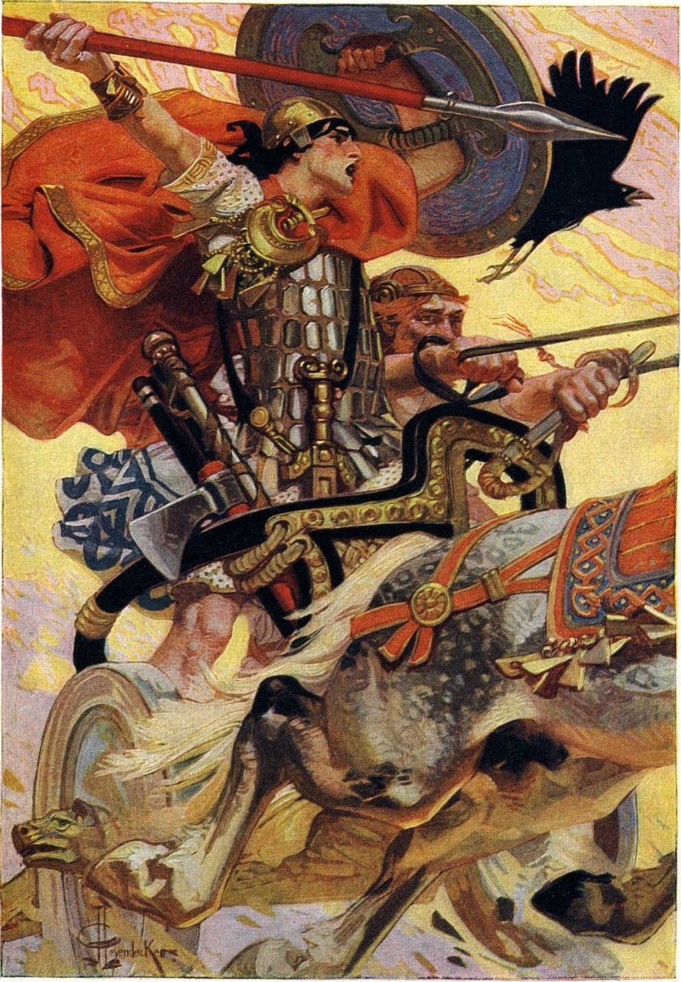 An illustration of a battle scene with a Celtic soldier on a horse. The soldier is wearing a red cape and a helmet with a red plume. The horse is white and is rearing up on its hind legs. The soldier is holding a shield and a spear. The background is a mix of orange and yellow, with a hint of pink.