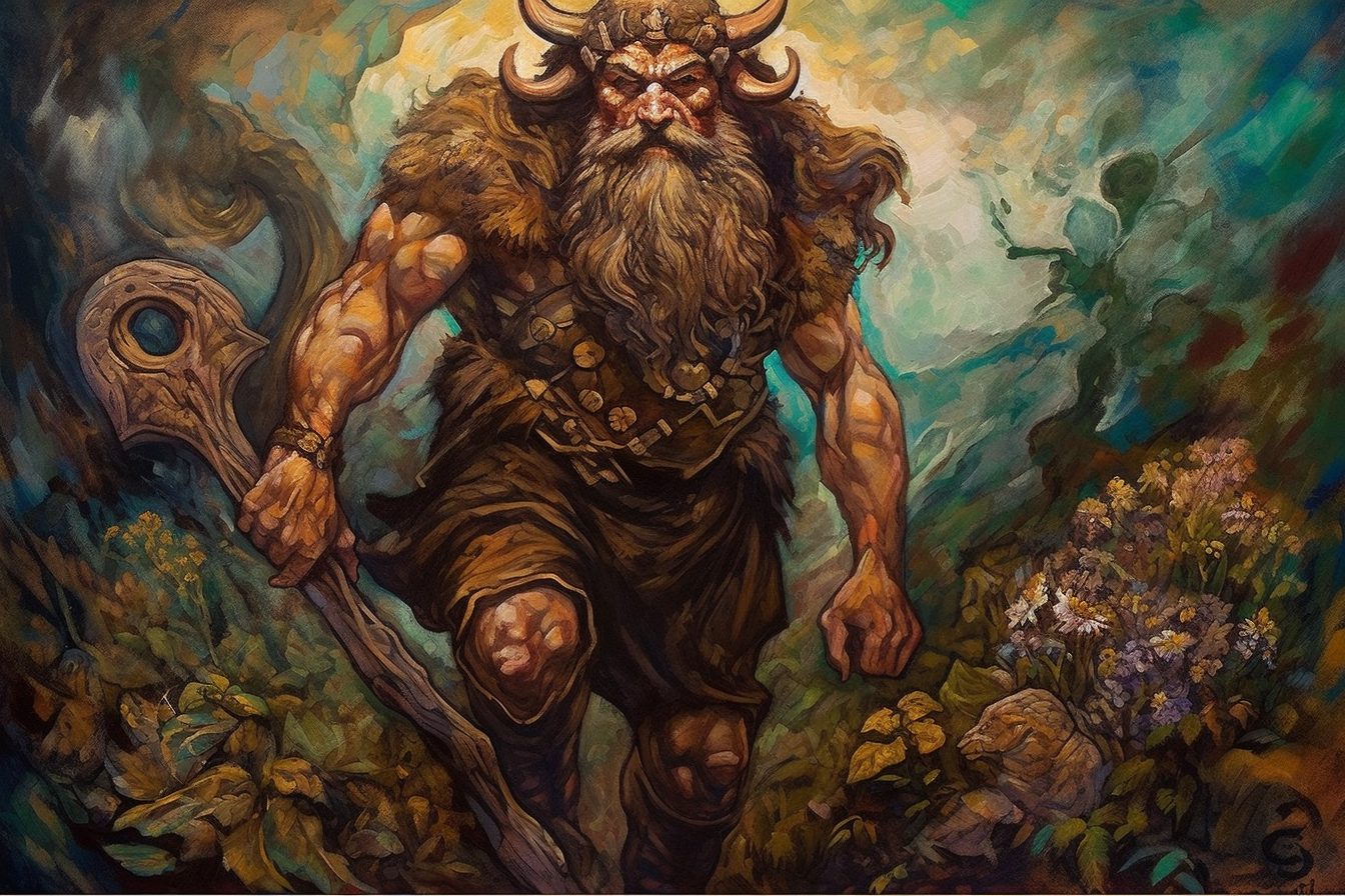 The Celtic god The Dagda, depicted as a large bearded man carrying a club