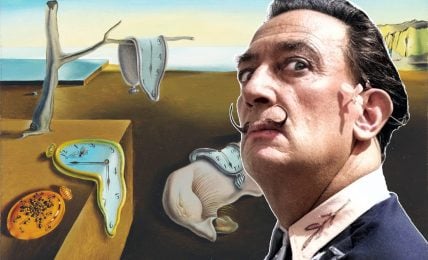 A surreal image of Salvador Dali superimposed onto his paining of a desert with a melting clock.