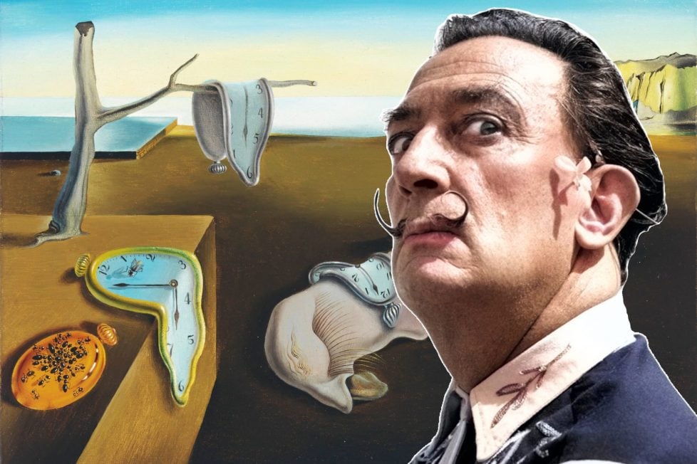 A surreal image of Salvador Dali superimposed onto his paining of a desert with a melting clock.