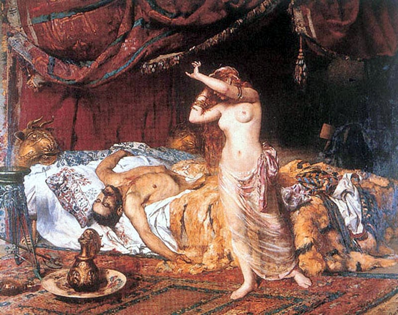 A painting depicting the death of Attila. He is lying dead in bed, his wife half-naked next to him. The room they are in is richly decorated.