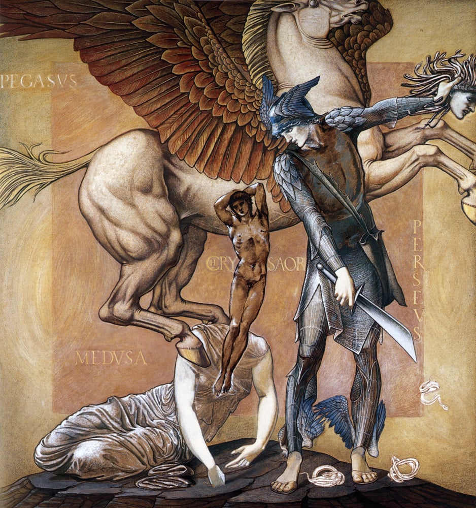 A painting of a scene from Greek mythology, where Perseus, a hero, has just killed Medusa, a monster with snakes for hair. Perseus is holding a sword in his right hand and Medusa’s severed head in his right hand. From the wound on Medusa’s neck, two creatures emerge: Pegasus, a winged horse, and Chrysaor, a human warrior. They are the offspring of Medusa and the god Poseidon. The painting shows the moment of their birth, as they fly out of the blood.
