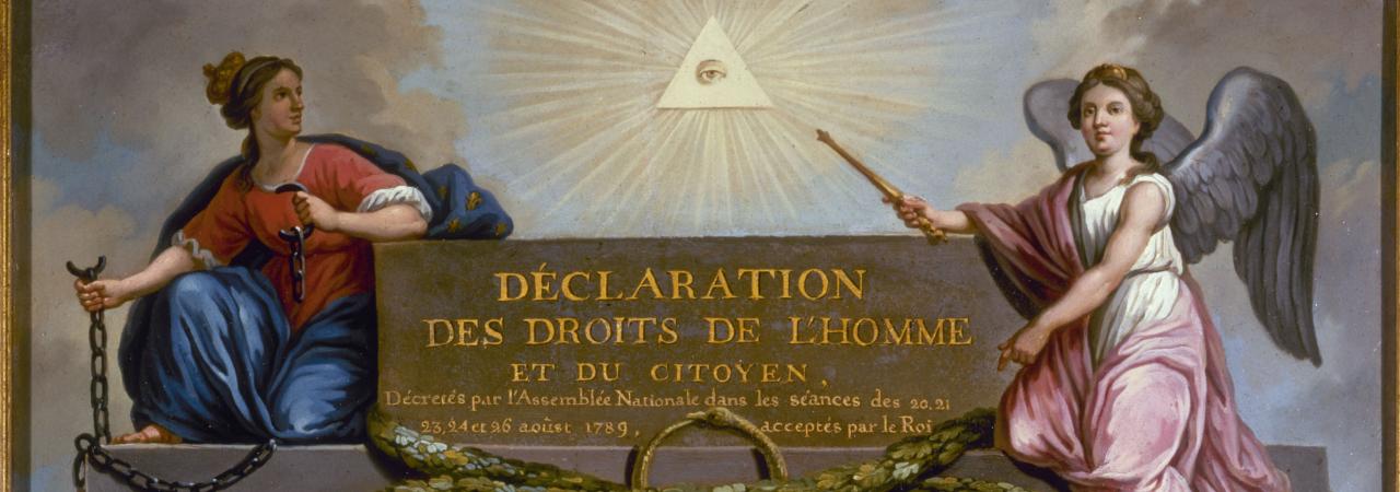 The image is a painting that depicts the Declaration of the Rights of Man and of the Citizen, a document that was adopted by the French National Assembly in 1789 during the French Revolution. The painting is in a neoclassical style, with bright colors and clear lines. The painting shows two figures on either side of a central text, which is written in French on a scroll-like paper. The text is the title of the document, which translates to “Declaration of the Rights of Man and of the Citizen”. The figure on the left is a woman in a blue dress, holding a chain in her right hand. She represents Liberty, one of the core values of the French Revolution. The figure on the right is a woman in a pink dress, with wings on her back. She represents Reason, another key value of the Enlightenment and the Revolution. The background of the painting is a cloudy sky, with a triangle and an eye in the center. The triangle and the eye are symbols of God and his providence, which are also found on the U.S. dollar bill.