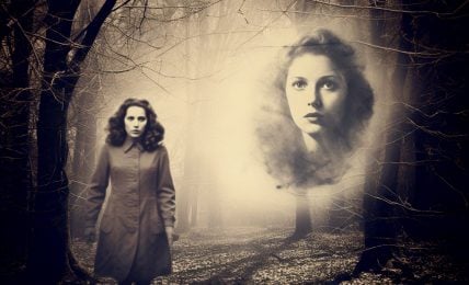 The image shows a woman standing in a forest, surrounded by trees. She is wearing a long coat. Next to her a ghostly apparition of a woman's face. The forest is dark and foreboding, with the trees looming in the background.
