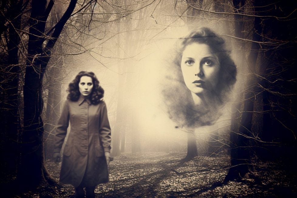 The image shows a woman standing in a forest, surrounded by trees. She is wearing a long coat. Next to her a ghostly apparition of a woman's face. The forest is dark and foreboding, with the trees looming in the background.