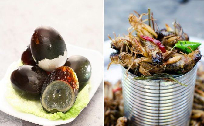 A collage of two photographs, one shows a plate of dark colored eggs the other a can of crickets.