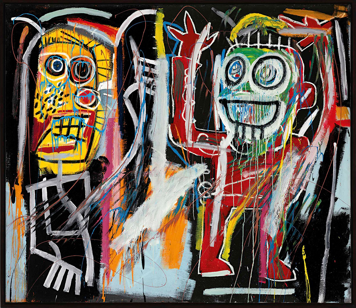 Jean-Michel Basquiat's 1982 painting “Dustheads” depicting two high-energy figures, representative of drug addicts on angel dust, set against a pitch-black backdrop. The figures are painted with bold, dynamic strokes in vibrant colors, creating a sense of chaos and frenzied movement.
