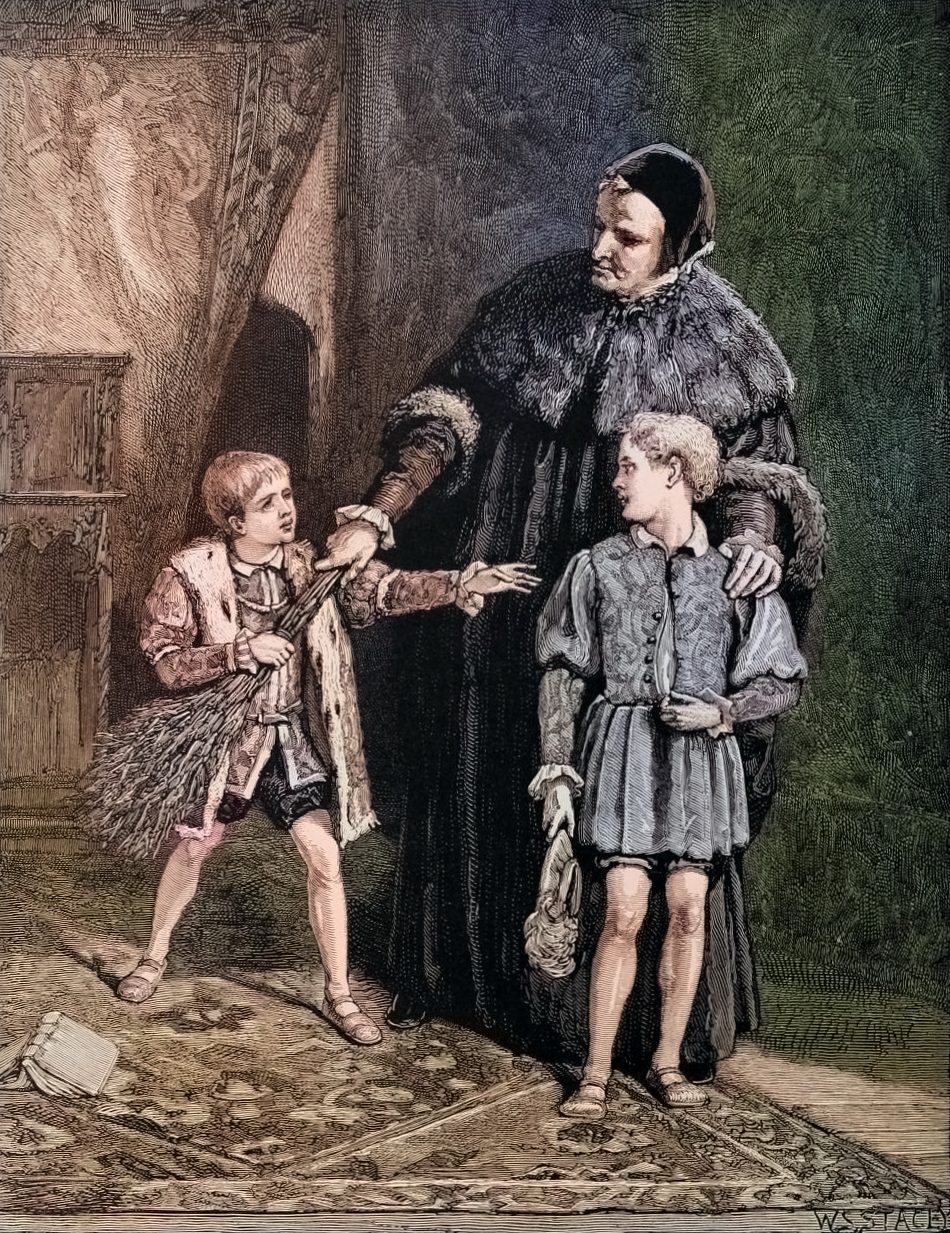 A painting that depicts a medieval priest using a broom to stop a royal child from protecting his whipping boy.