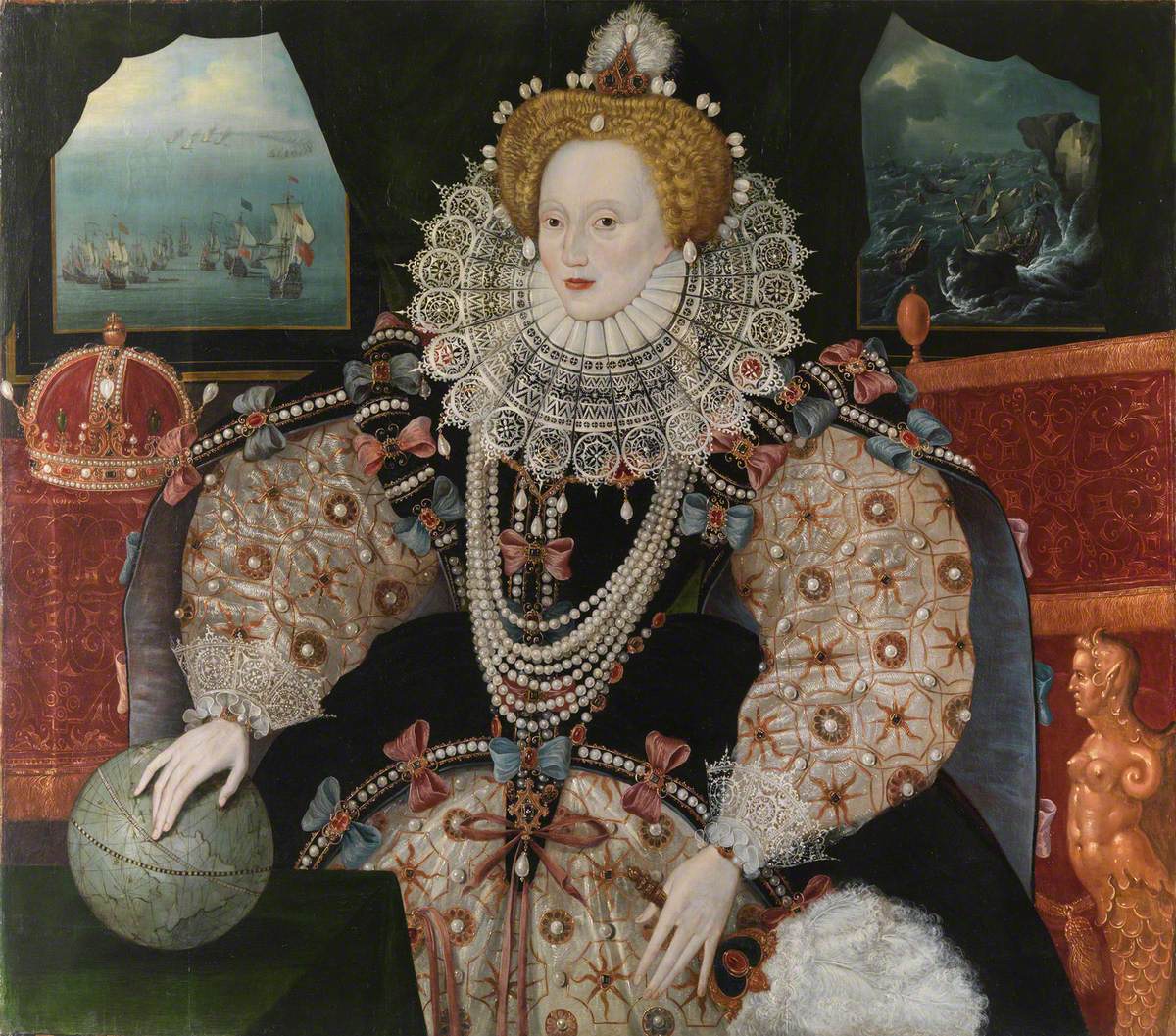 A painting of queen Elizabeth I in very elaborate attire, with her right hand resting on a globe. A fleet of ships is seen through a window, in the distance.