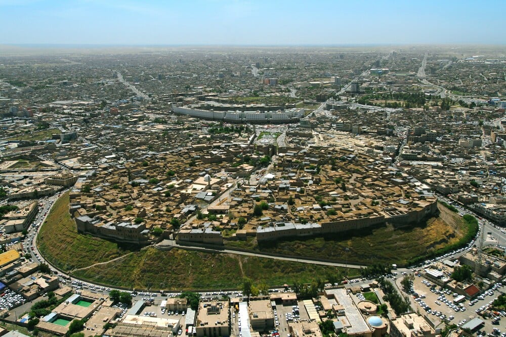 An arial shot of the Erbil citadel, perched on top of a hill, in Erbil, Iraq.