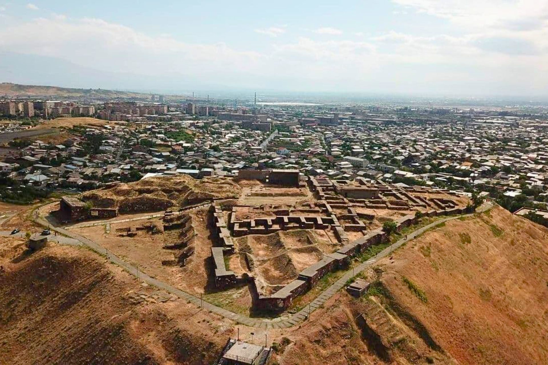 An arial photograph of the ruins of an ancient fortress called Erebuni Fortress, in Yerevan, Armenia.