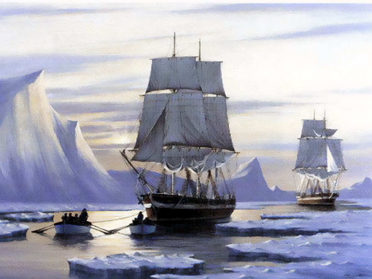 A painting of two three-masted sailing ships with white sails in a calm ocean. The ship in the foreground has a rowboat with people in it. The background shows a blue sky with clouds and icebergs. The painting has a peaceful and serene mood and a realistic style.