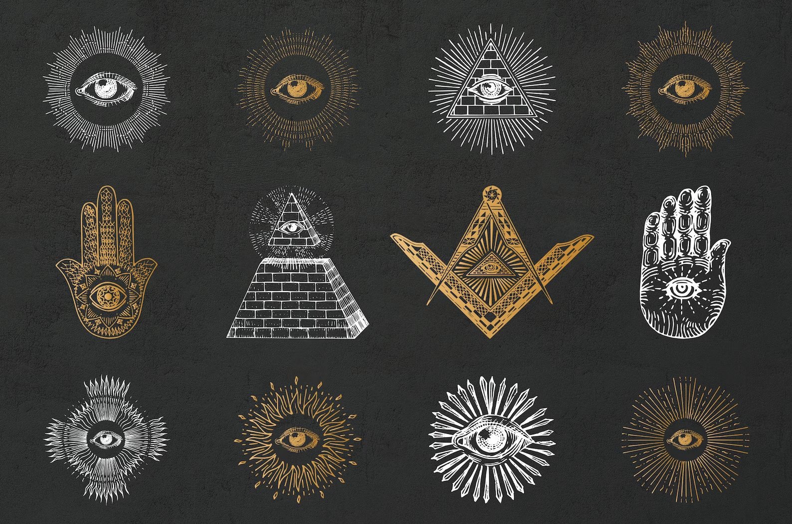 The image is a collection of 12 illustrations of eyes, hands, and pyramids in a grid layout. The illustrations are in a white line art style on a black background. The illustrations are of different sizes, orientations, and styles, some are more detailed and some are more abstract. The illustrations are all related to the theme of eyes, hands, and pyramids, which are symbols of vision, creation, and mystery. Some illustrations combine these elements, such as an eye in a pyramid or a hand holding an eye. Some illustrations have a sunburst or radiating lines around them, which are symbols of light and energy. The image is a creative way of exploring the meanings and associations of these symbols.