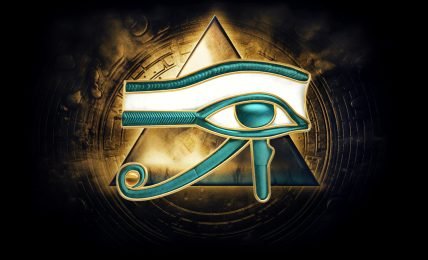 A illustration featuring a golden pyramid in the background and a green and gold Eye of Horus symbol in the foreground.