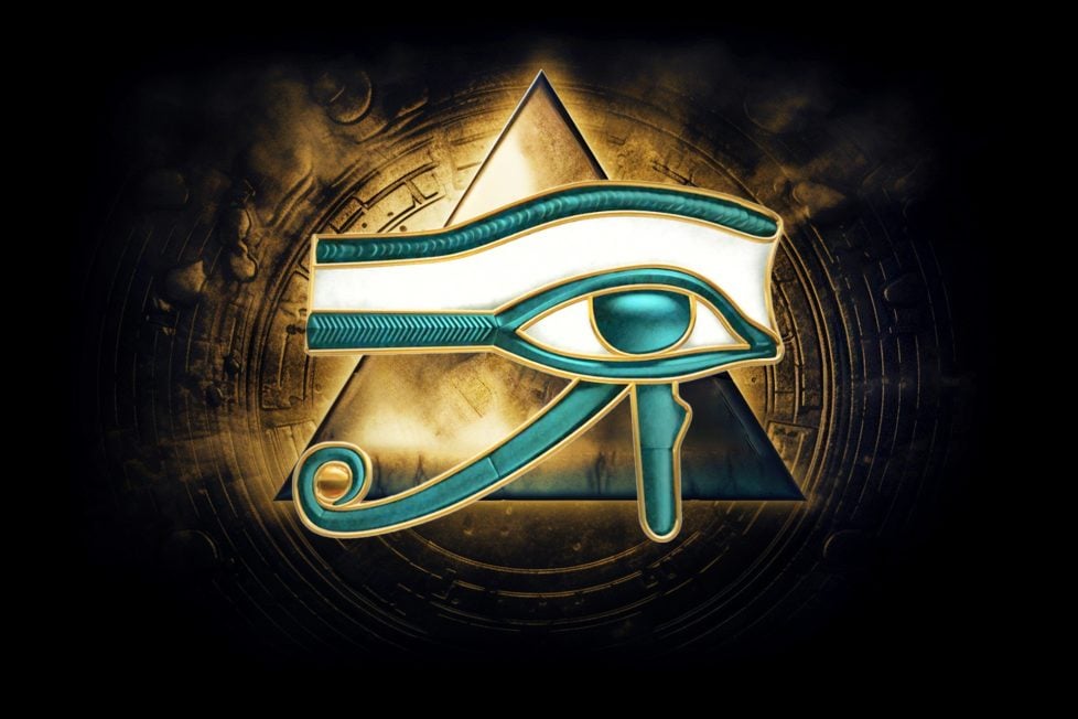 A illustration featuring a golden pyramid in the background and a green and gold Eye of Horus symbol in the foreground.