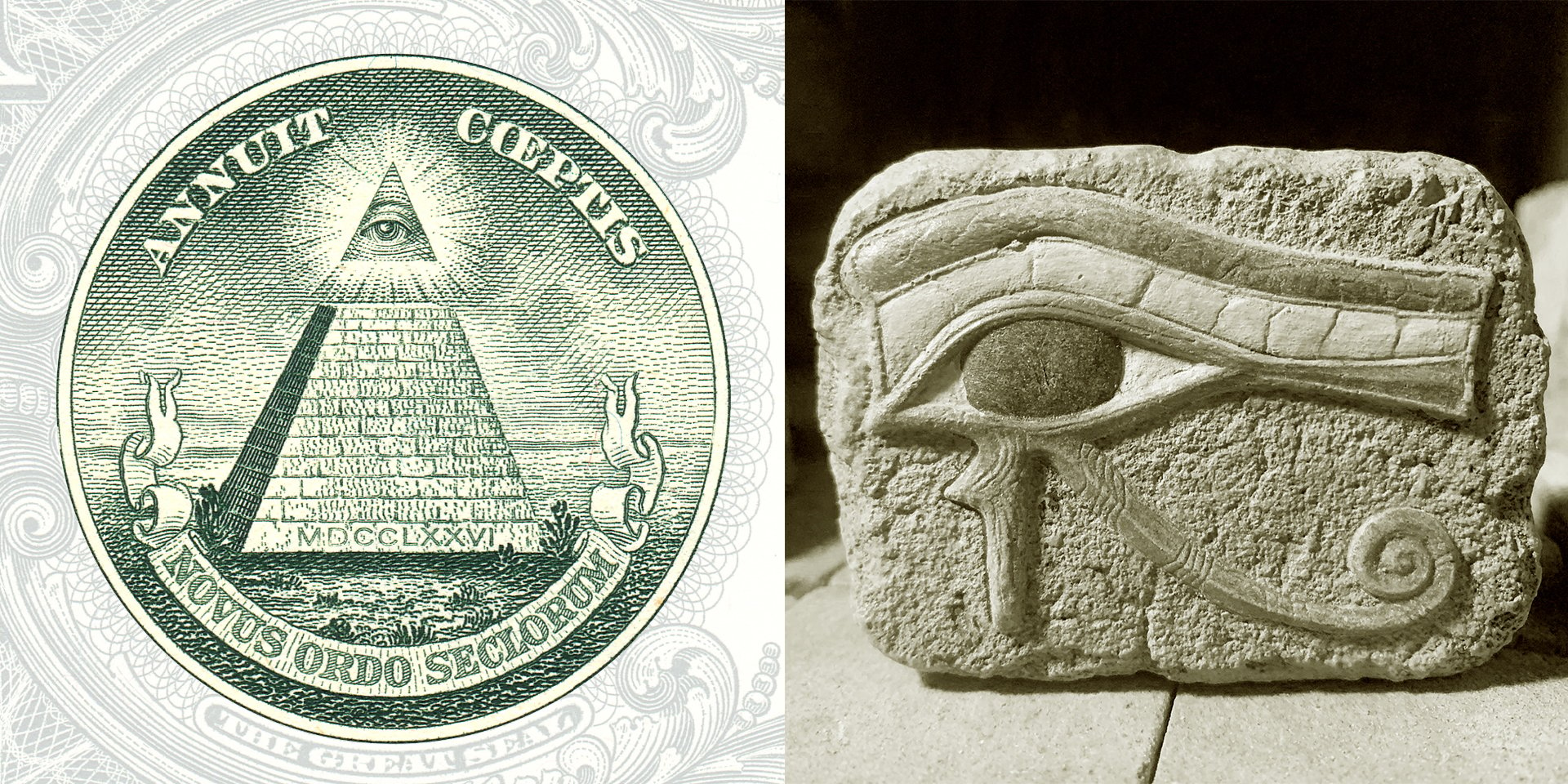 The collage is a combination of two images that show different symbols of the eye. The image on the left is an illustration of the Eye of Providence, as it appears on the US one dollar bill. The image on the right is a photo of a section of an ancient wall relief featuring the Eye of Horus.