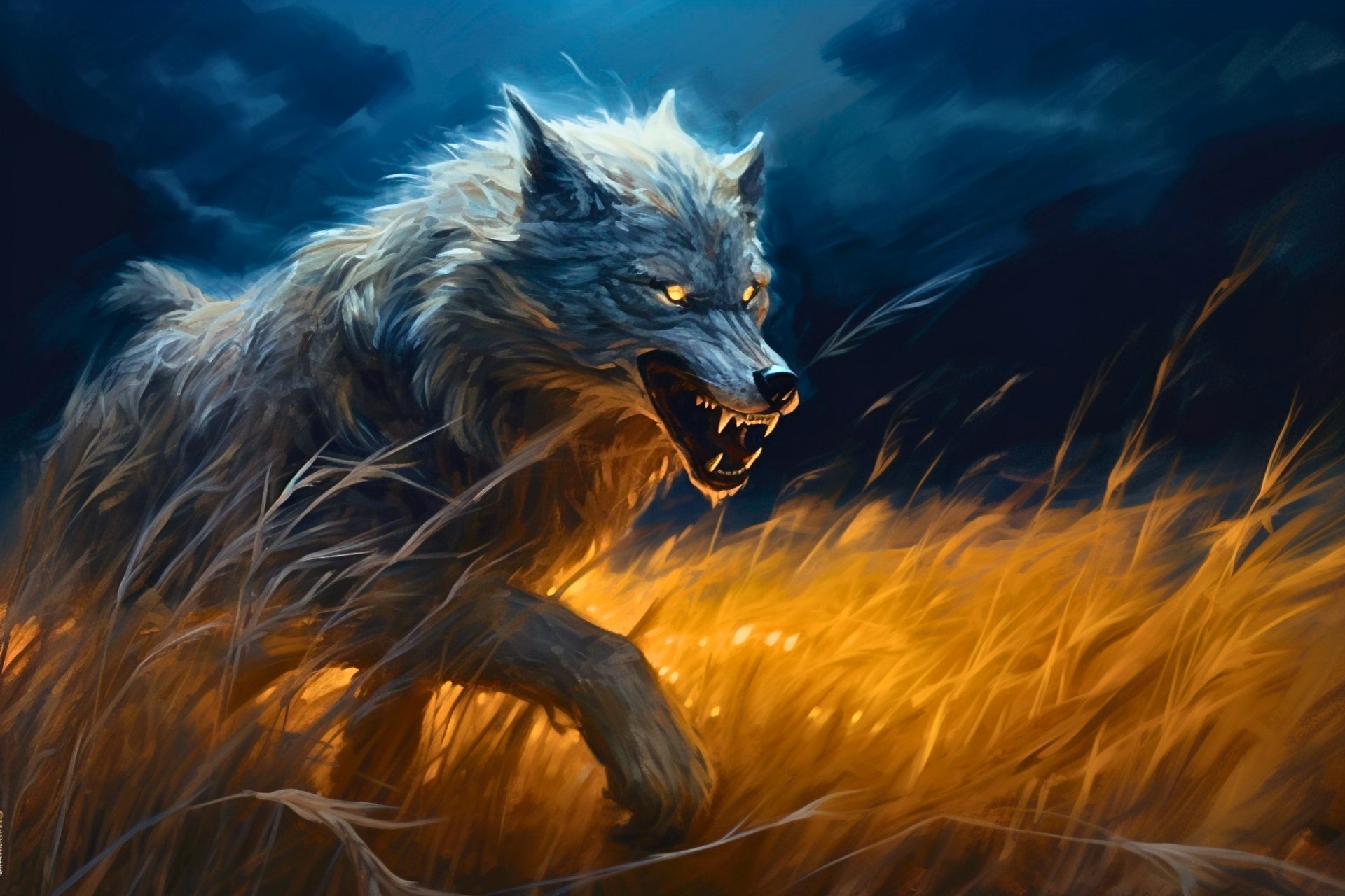 An illustration of a vicious-looking wolf spirit, roaming a field in search of children.