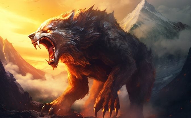 A digital art image of a ferocious wolf-like creature with a mane of fur and sharp teeth. The creature is Fenrir the giant wolf from Norse mythology. Fenrir is standing on a rocky cliff with a mountain peak in the background. The sky is orange and the clouds are white. The image has a fantasy or mythical theme. Fenrir appears to be roaring.