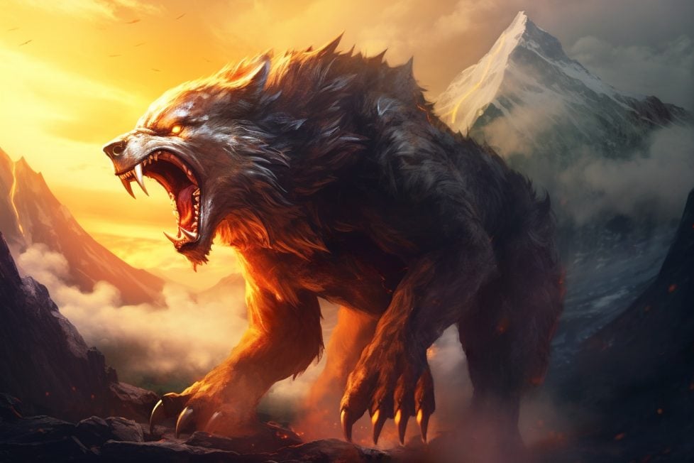 A digital art image of a ferocious wolf-like creature with a mane of fur and sharp teeth. The creature is Fenrir the giant wolf from Norse mythology. Fenrir is standing on a rocky cliff with a mountain peak in the background. The sky is orange and the clouds are white. The image has a fantasy or mythical theme. Fenrir appears to be roaring.