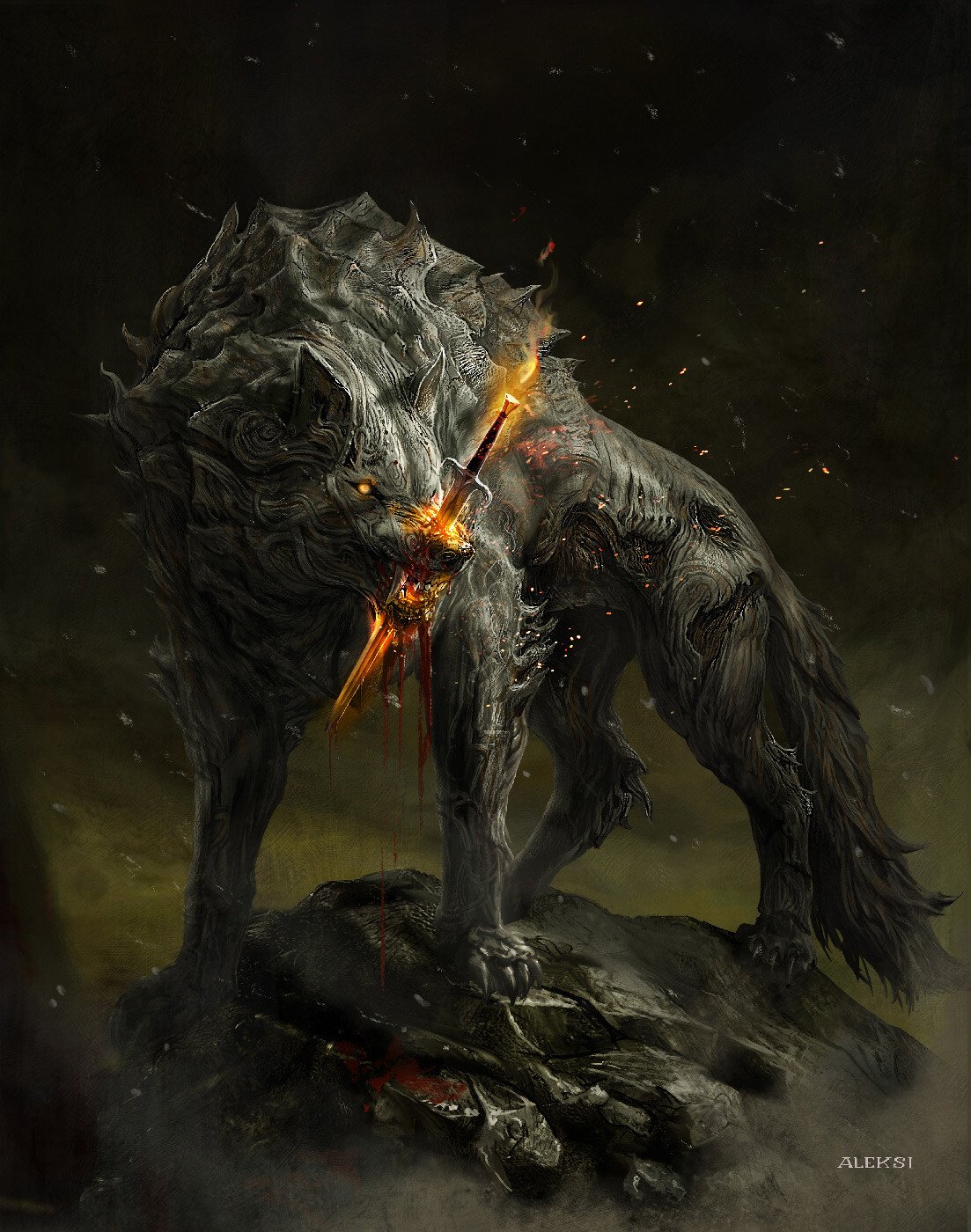 A digital art image of a mythical creature. The creature is a wolf-like beast with a body made of stone and lava. The creature has a mane of stone spikes and its eyes and mouth are glowing with lava. The creature is standing on a pile of rocks with lava flowing through them. The background is dark and cloudy with sparks flying around the creature.