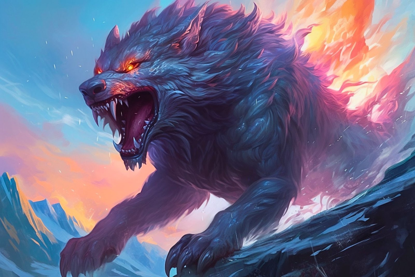 An illustration of a giant wolf with glowing eyes and fiery fur.