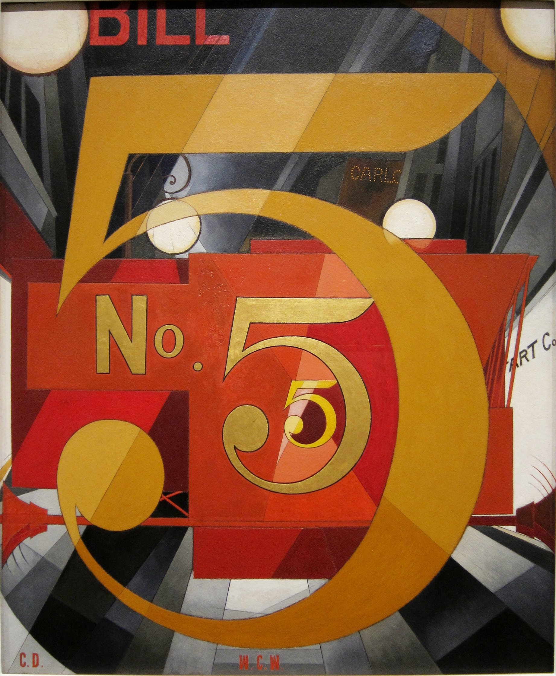 A lively depiction of an urban scene in bold yellows, blacks and reds, featuring intersecting lines and repeated instances of the number “5”. Street lamps, lights, and blaring fire engine sirens are suggested in abstract forms, creating a dynamic energy characteristic of a bustling city.