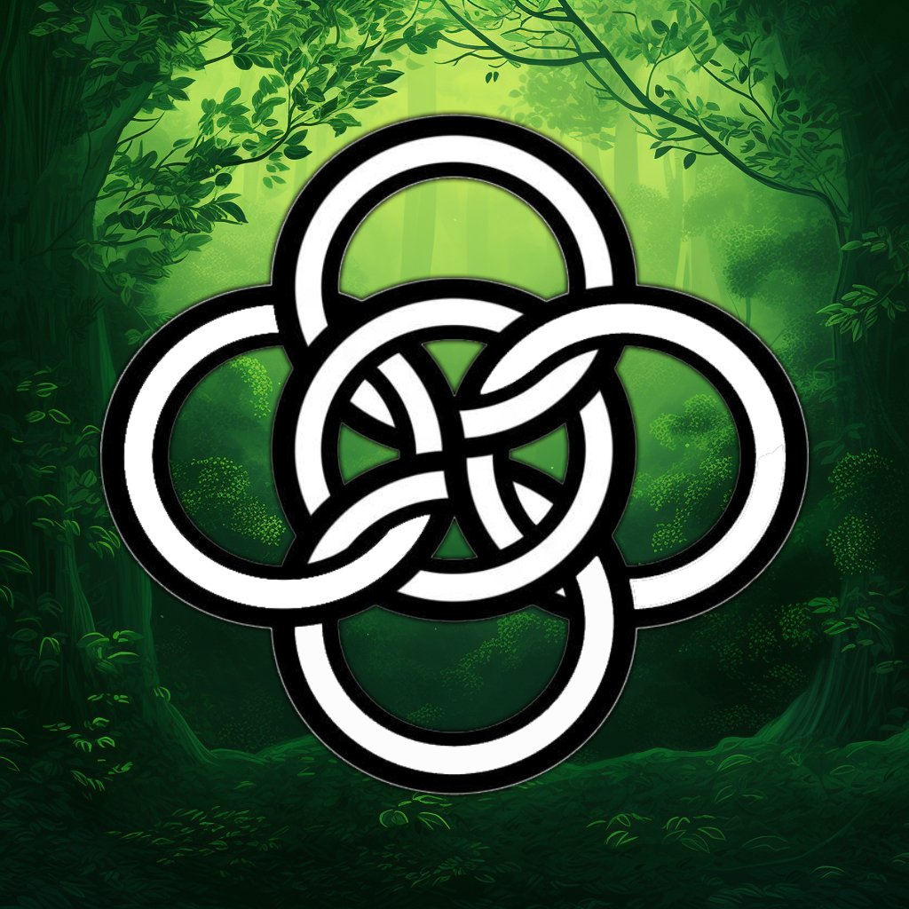The Celtic five-fold symbol consisting of five rings, with a central ring surrounded by four others, set against a green forest background.