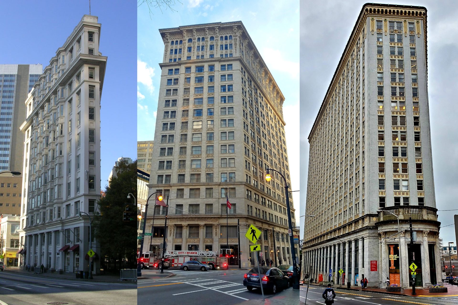 Photos of three famous Atlanta buildings: the Flatiron Building, the Candler Building, and the Hurt Building