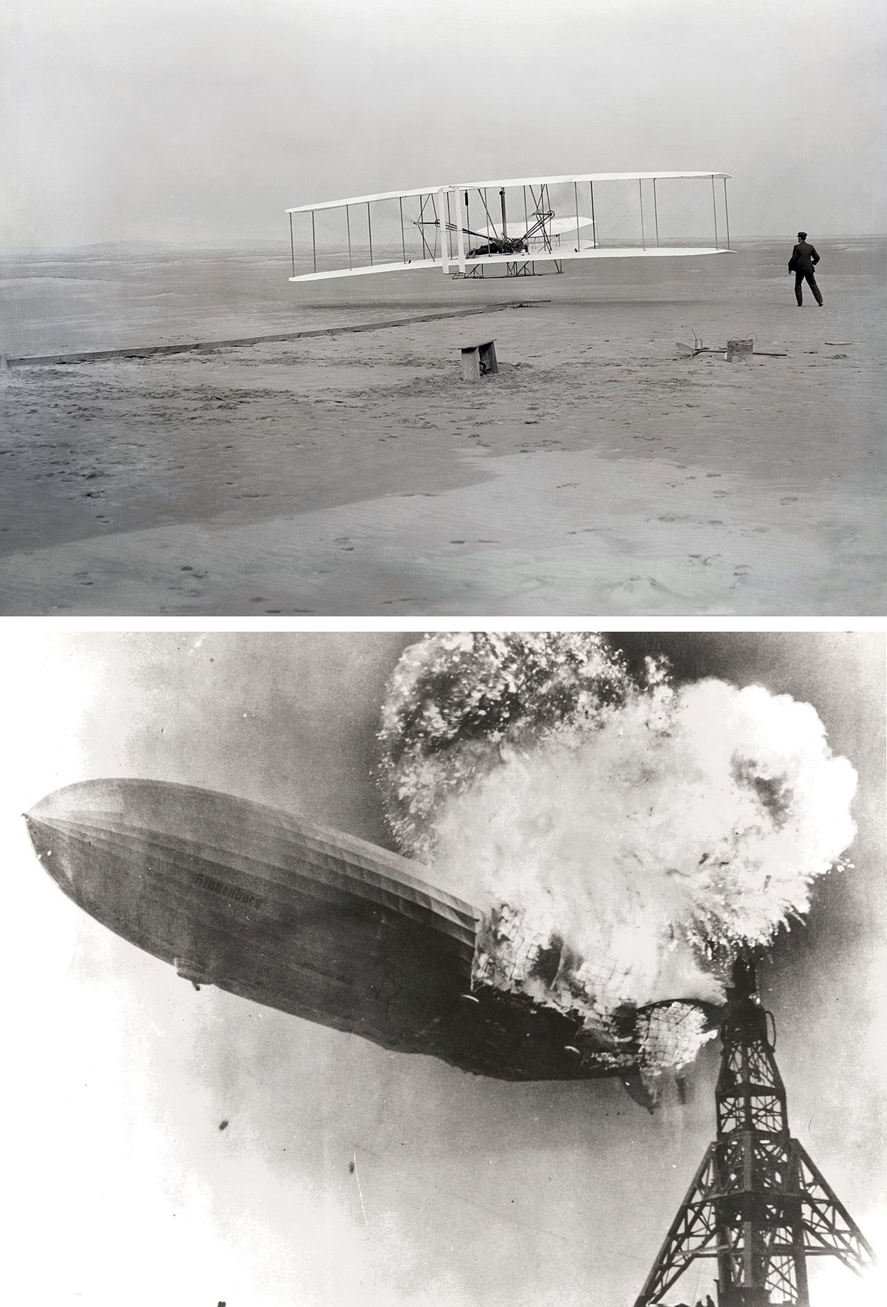 A collage of two photographs. Top image: A historic black and white photo of the Wright Brothers' about to perform their first flight in 1903. Bottom image: Picture of the LZ-129 Hindenburg zeppelin engulfed in flames on May 6, 1937, at the Lakehurst Naval Air Station.