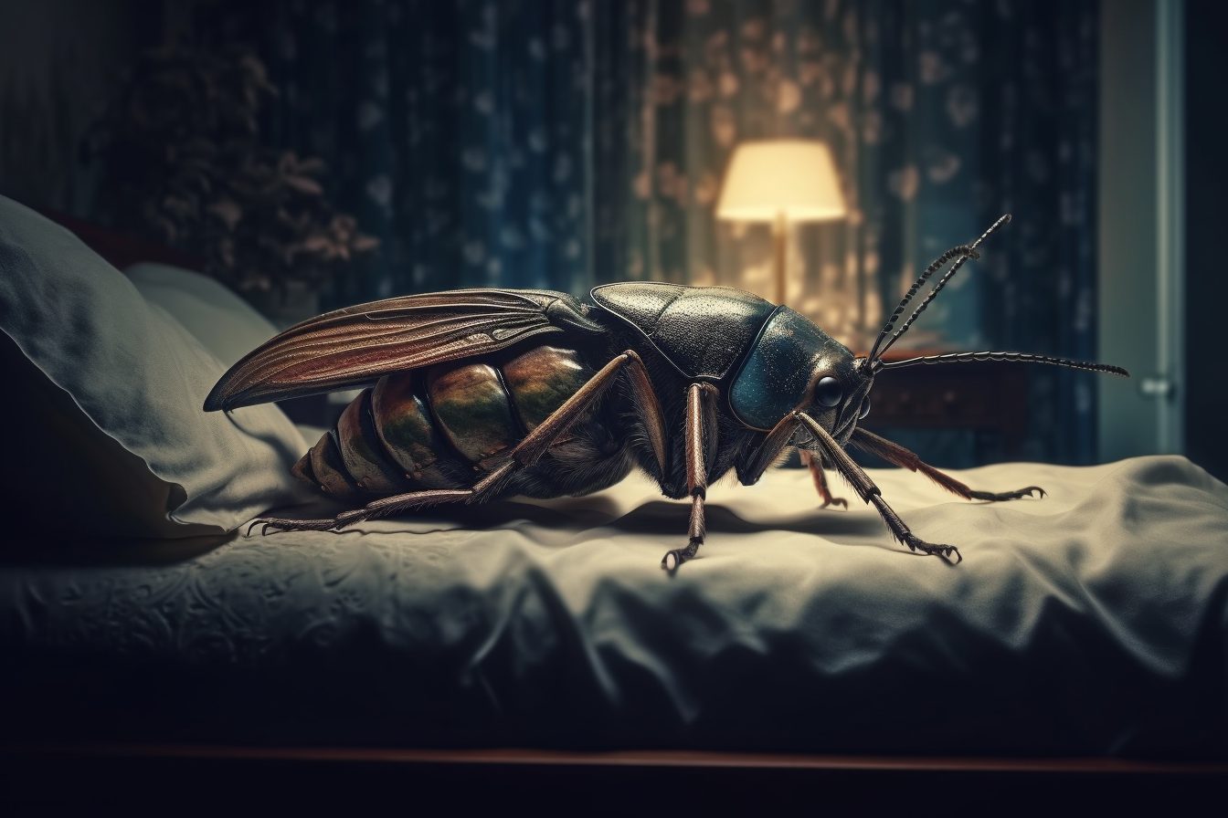 An image of a human-sized insect on top of a bed in a dimly lit room.
