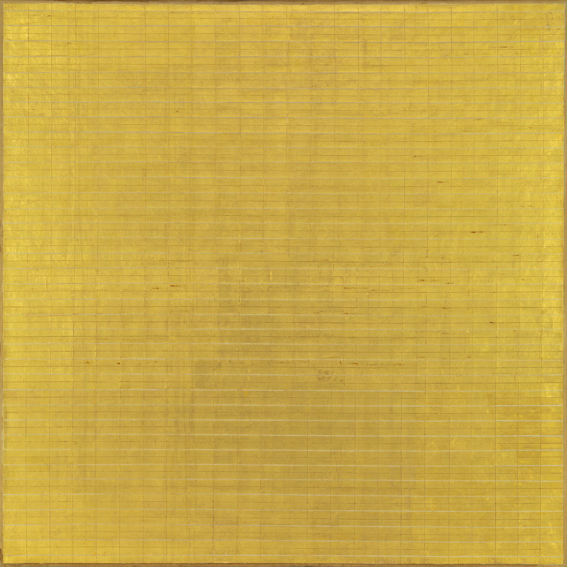 Abstract painting titled Friendship by Agnes Martin, composed of meticulously arranged gold leaf squares on a six-foot square canvas, reflecting the shimmering essence of light and tranquility.