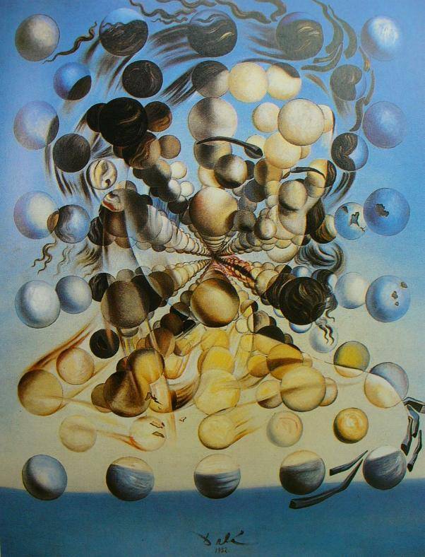 A surreal painting of a woman’s face composed of a matrix of spheres arranged in a continuous array. The woman is a portrait of Dali’s wife and muse, Gala, and represents the mythological queen Galatea, who was loved by the sculptor Pygmalion. The painting is based on the mathematical concept of the golden ratio and the atomic theory of matter. The spheres do not touch each other, creating a sense of levitation and detachment.