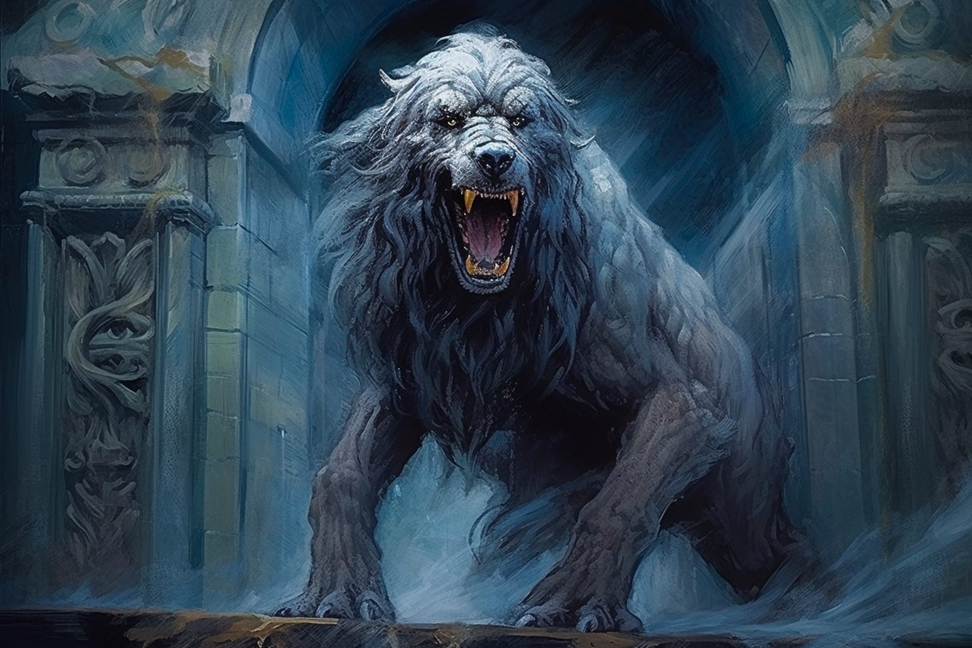 An illustration of a giant hound guarding a dark gateway.