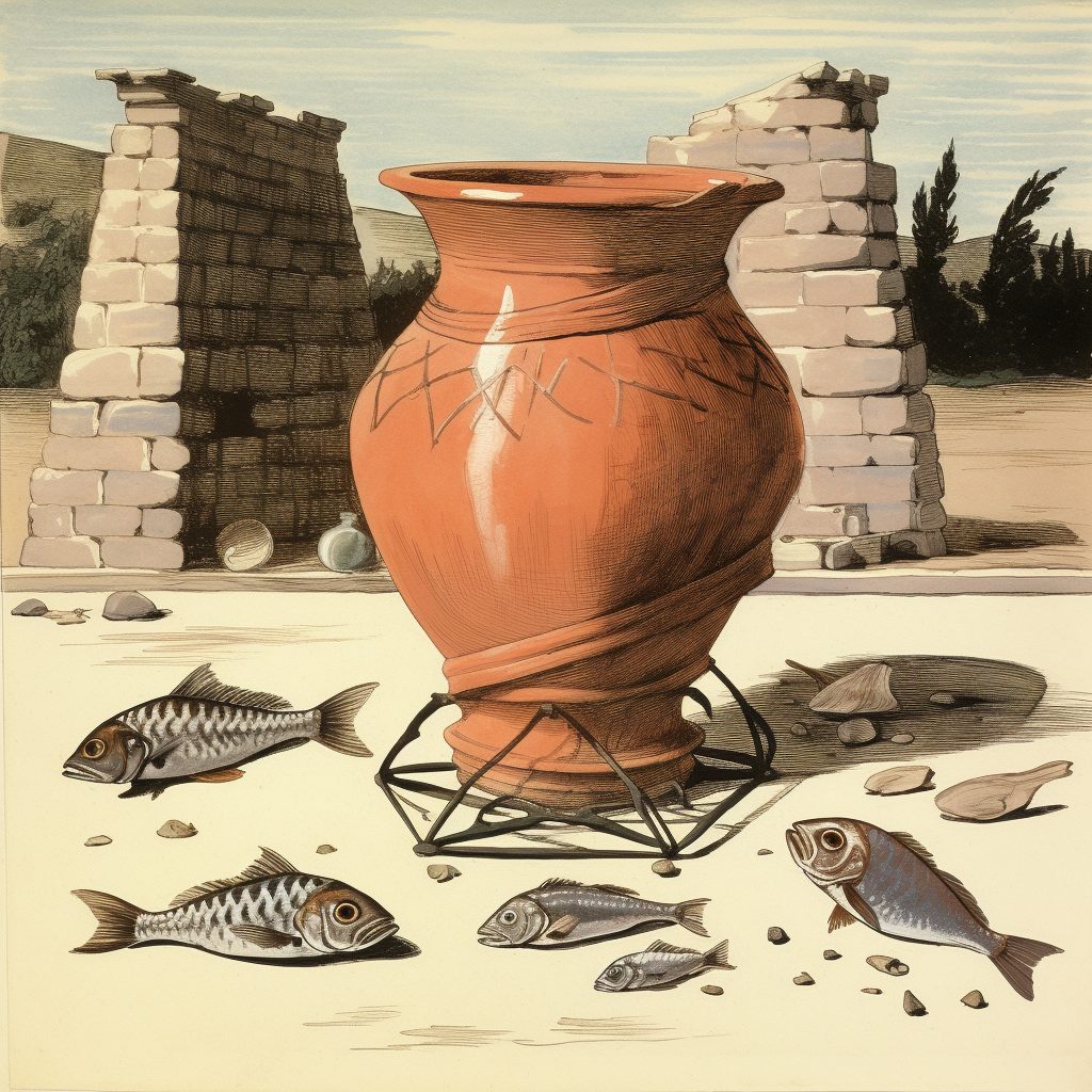 The image shows a large ceramic jar, a Roman amphora. The jar is on the ground in front of the ruins of a building. Fish are spread around the the jar.
