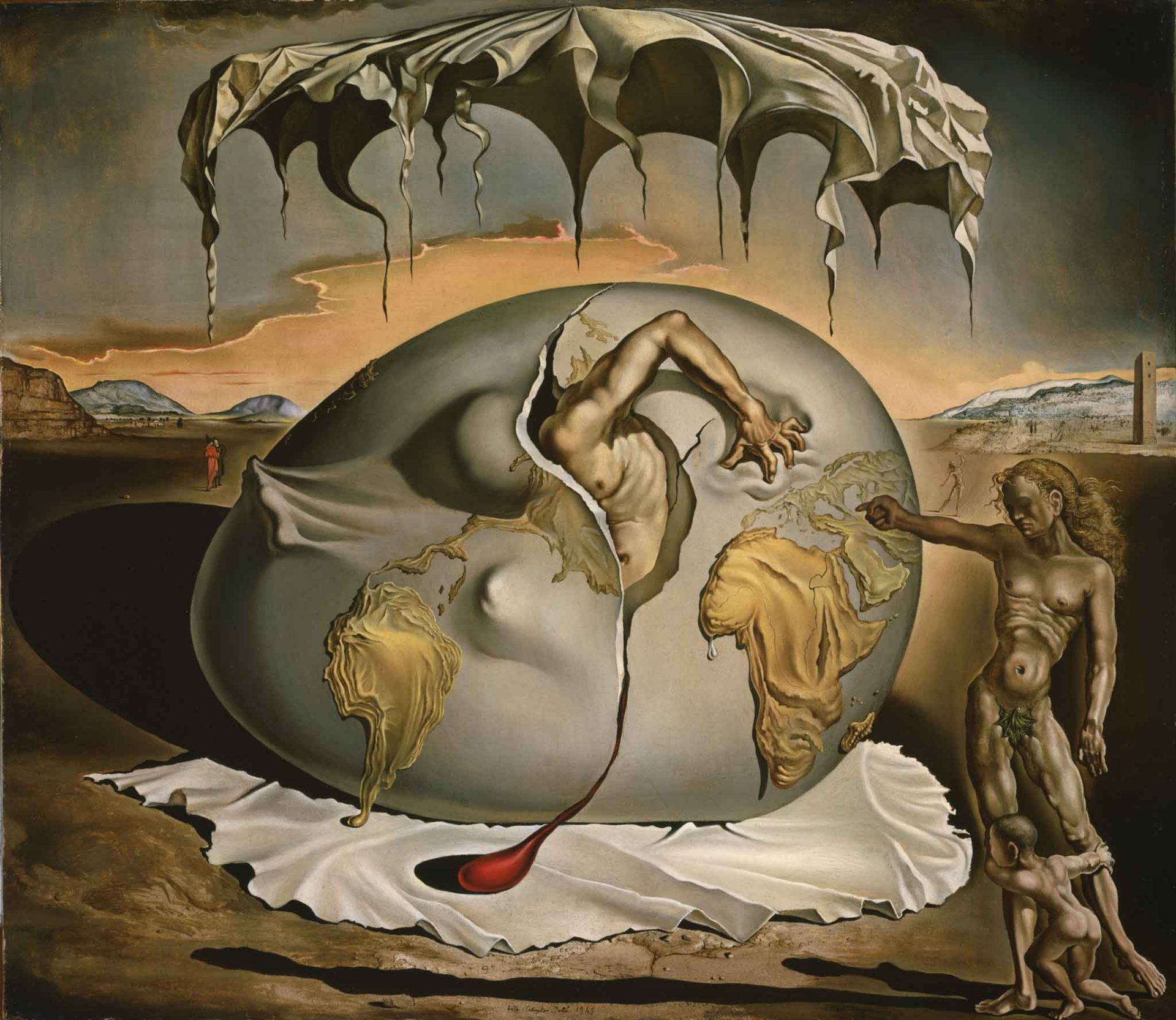 A surrealist painting by Salvador Dali titled “Geopoliticus Child Watching the Birth of the New Man” depicting a large egg-like structure with a crack in it, from which a man is emerging upside down and covered by a cloth. A child is standing on the right side of the painting, observing the scene. The background is a desolate landscape with a cloudy sky and a few buildings in the distance. The painting is said to be one of Dali’s most recognizable paintings and reflects his views on the changing world order during World War II.