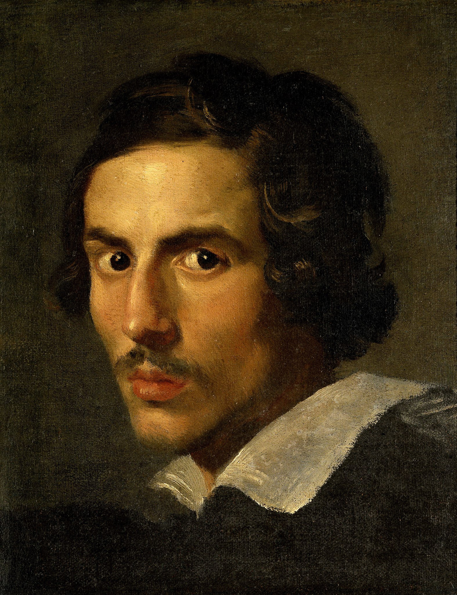 A self-portrait oil painting of Gianlorenzo Bernini , a men with expressive eyes.